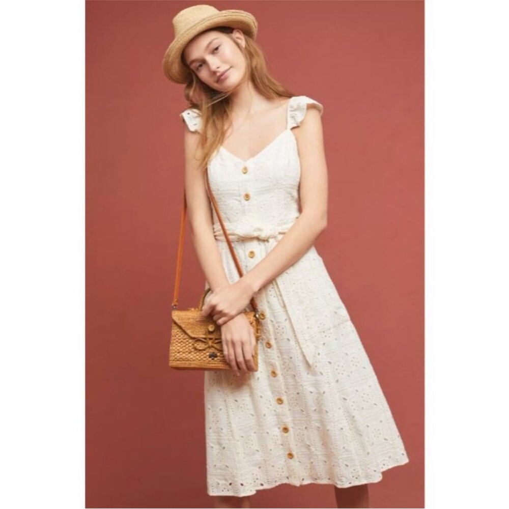 Anthropologie Concerto cream crochet eyelet button front midi dress size 4